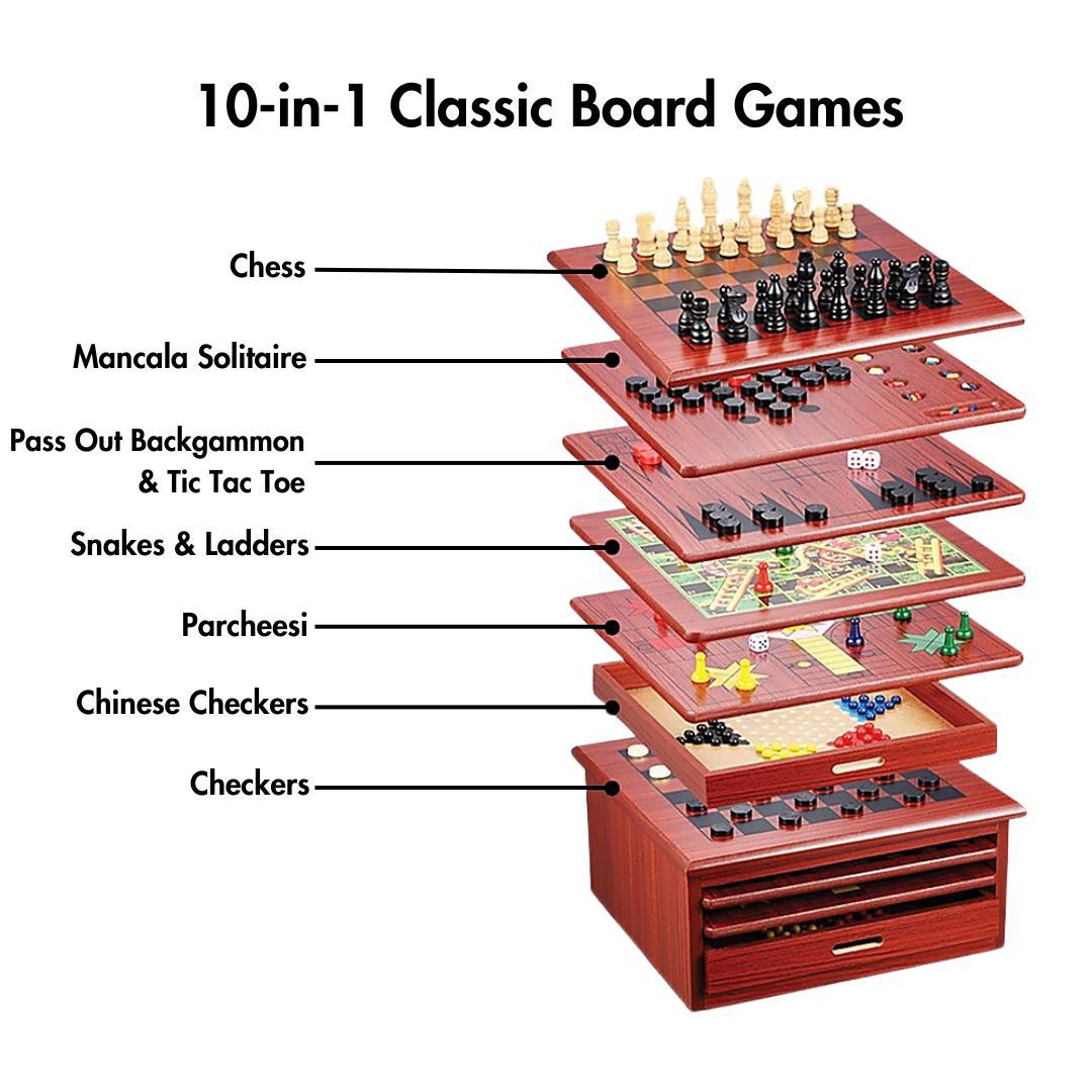 ﻿10-in-1 Wooden Chess & Checkers Board Games-Vivify Co.