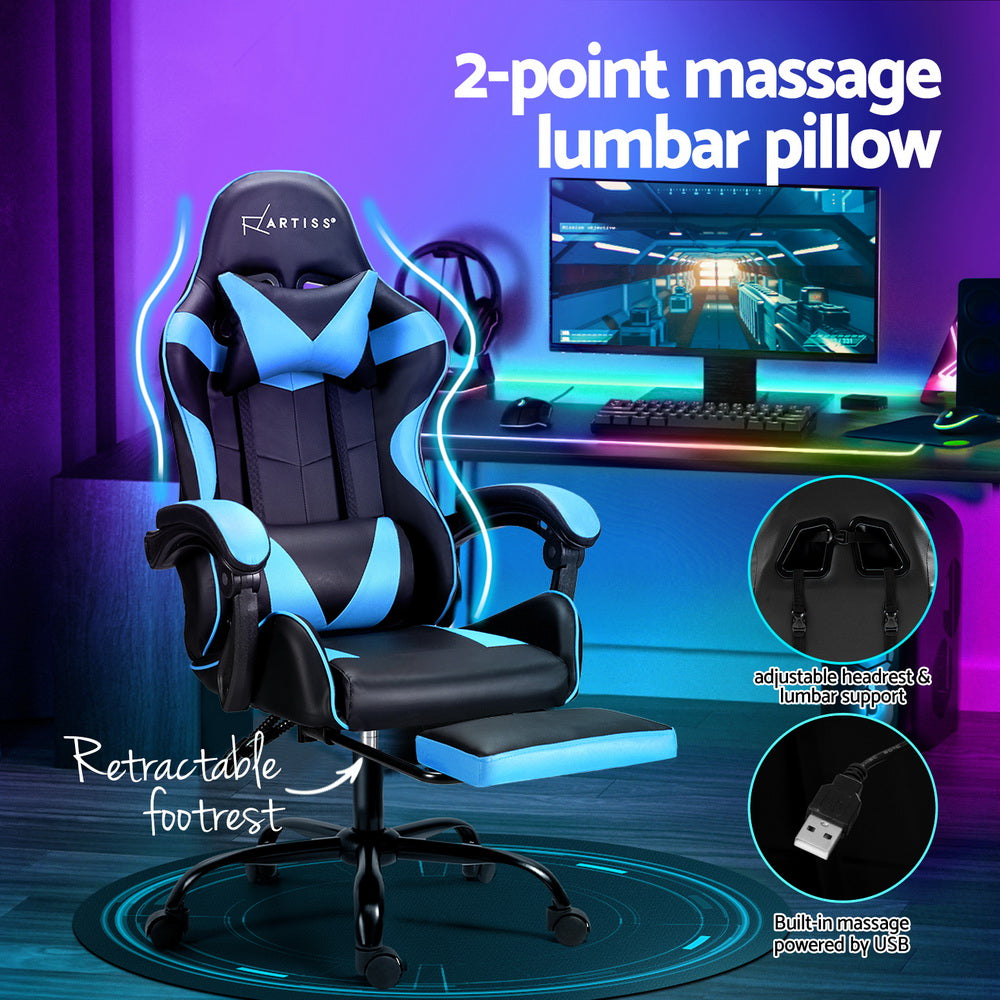 Artiss Gaming Office Chair with 2 Point Massage & Footrest - Cyan Blue-Vivify Co.