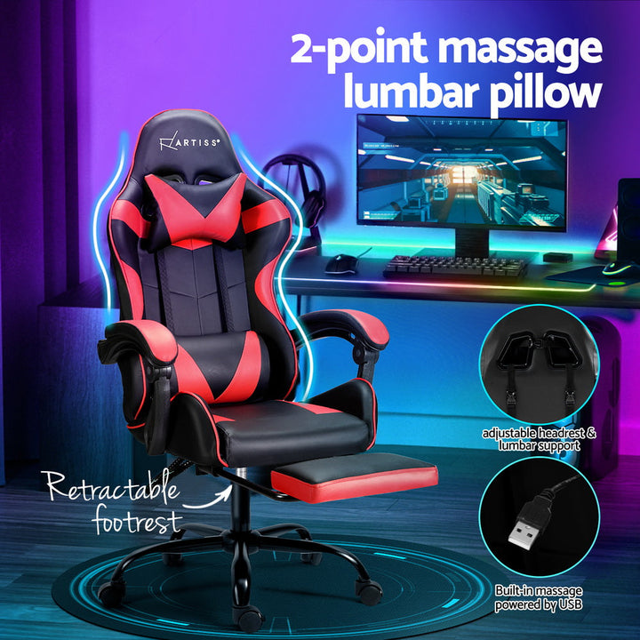 Artiss Gaming Office Chair with 2 Point Massage & Footrest - Red-Vivify Co.