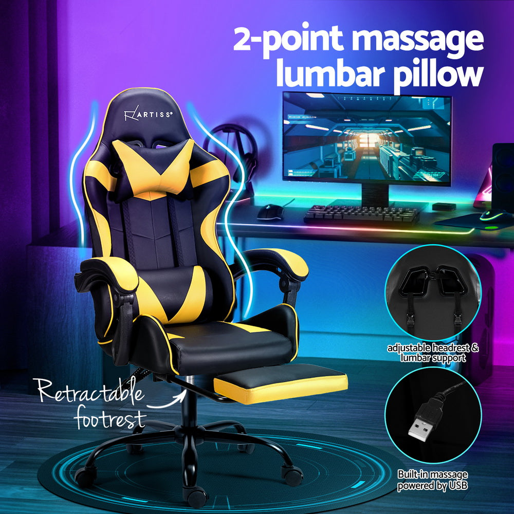 Artiss Gaming Office Chair with 2 Point Massage & Footrest - Yellow-Vivify Co.