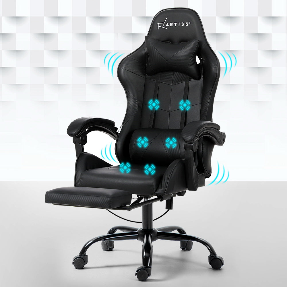 Artiss LED Gaming Office Chair with 6 Point Massage & Footrest - Black-Vivify Co.