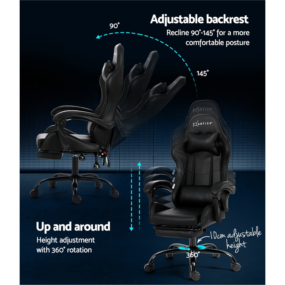 Artiss LED Gaming Office Chair with 6 Point Massage & Footrest - Black-Vivify Co.