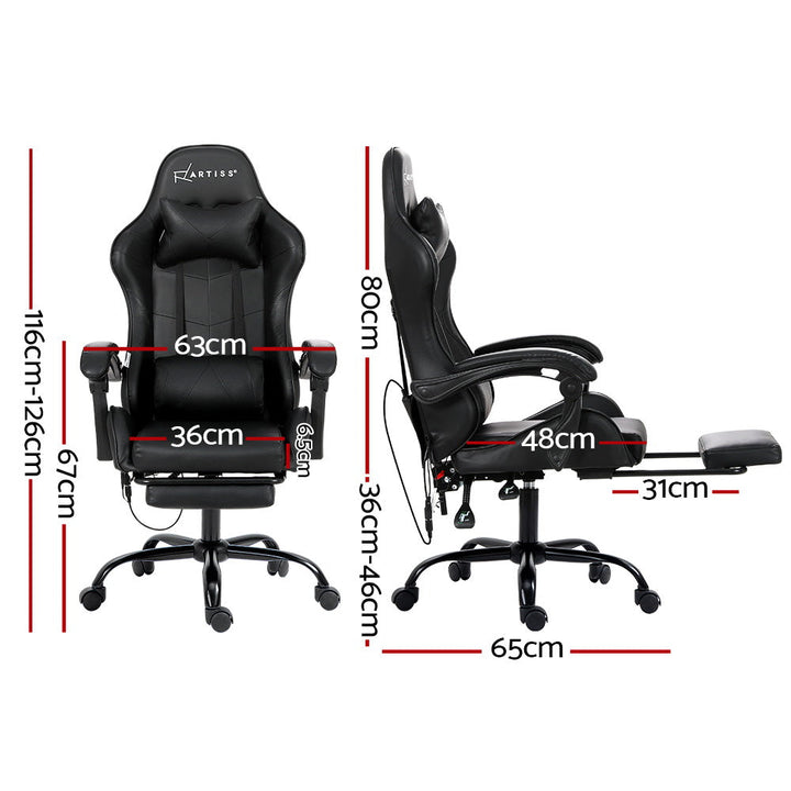 Artiss LED Gaming Office Chair with 6 Point Massage & Footrest - Black-Vivify Co.