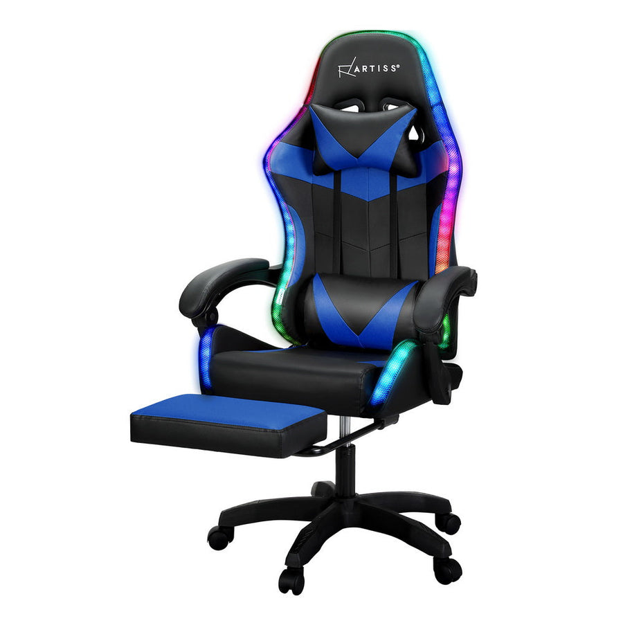 Artiss LED Gaming Office Chair with 6 Point Massage & Footrest - Blue-Vivify Co.