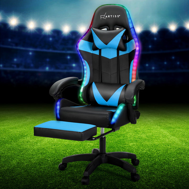 Artiss LED Gaming Office Chair with 6 Point Massage & Footrest - Cyan Blue-Vivify Co.