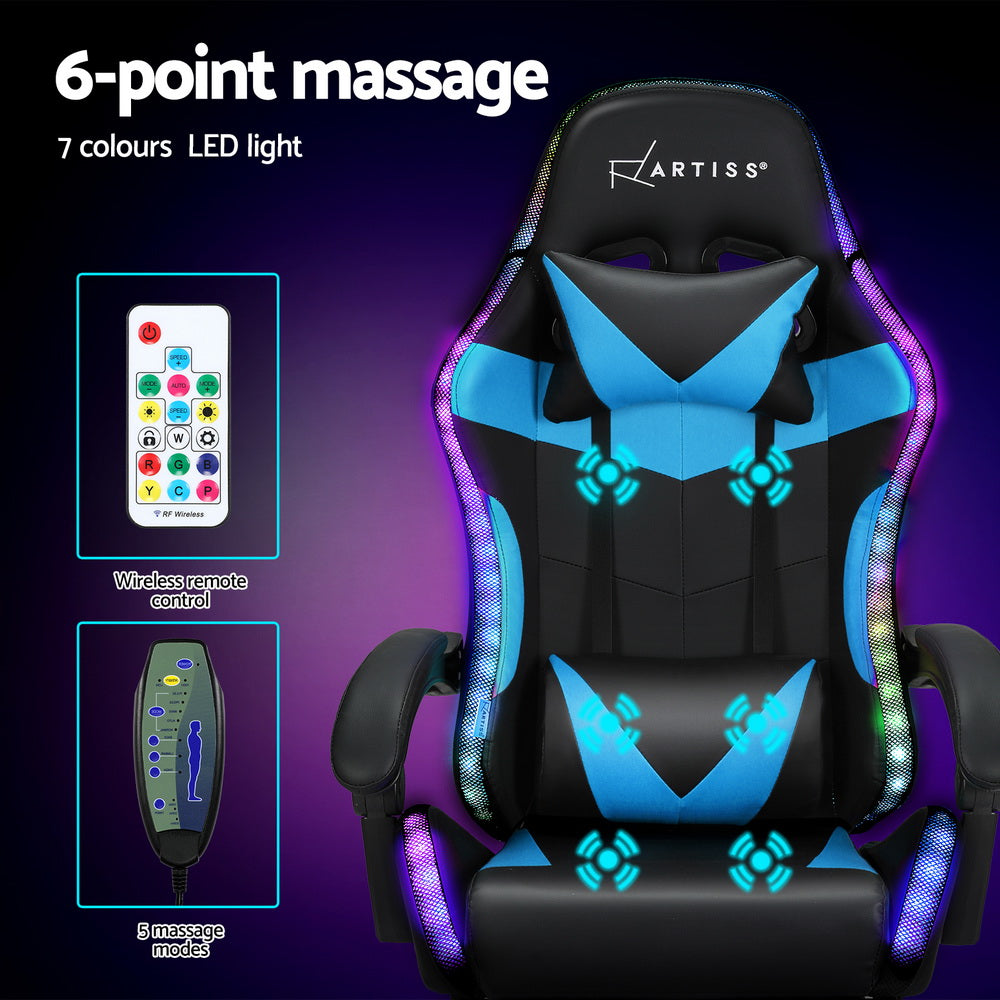 Artiss LED Gaming Office Chair with 6 Point Massage & Footrest - Cyan Blue-Vivify Co.