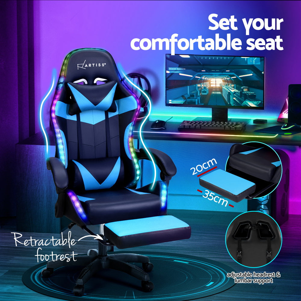 Artiss LED Gaming Office Chair with 6 Point Massage & Footrest - Cyan Blue-Vivify Co.