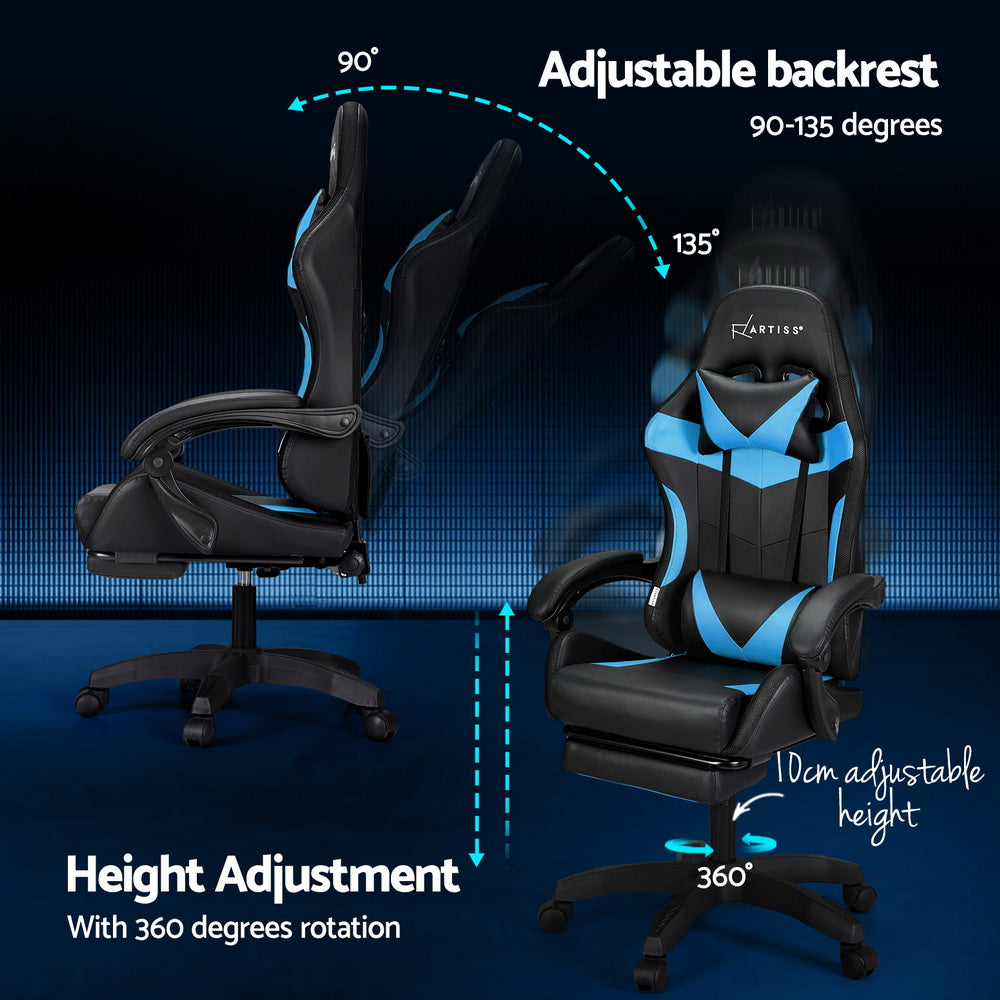 Artiss LED Gaming Office Chair with 6 Point Massage & Footrest - Cyan Blue-Vivify Co.