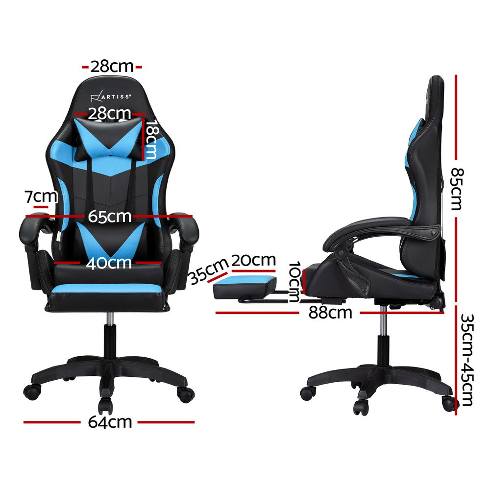 Artiss LED Gaming Office Chair with 6 Point Massage & Footrest - Cyan Blue-Vivify Co.