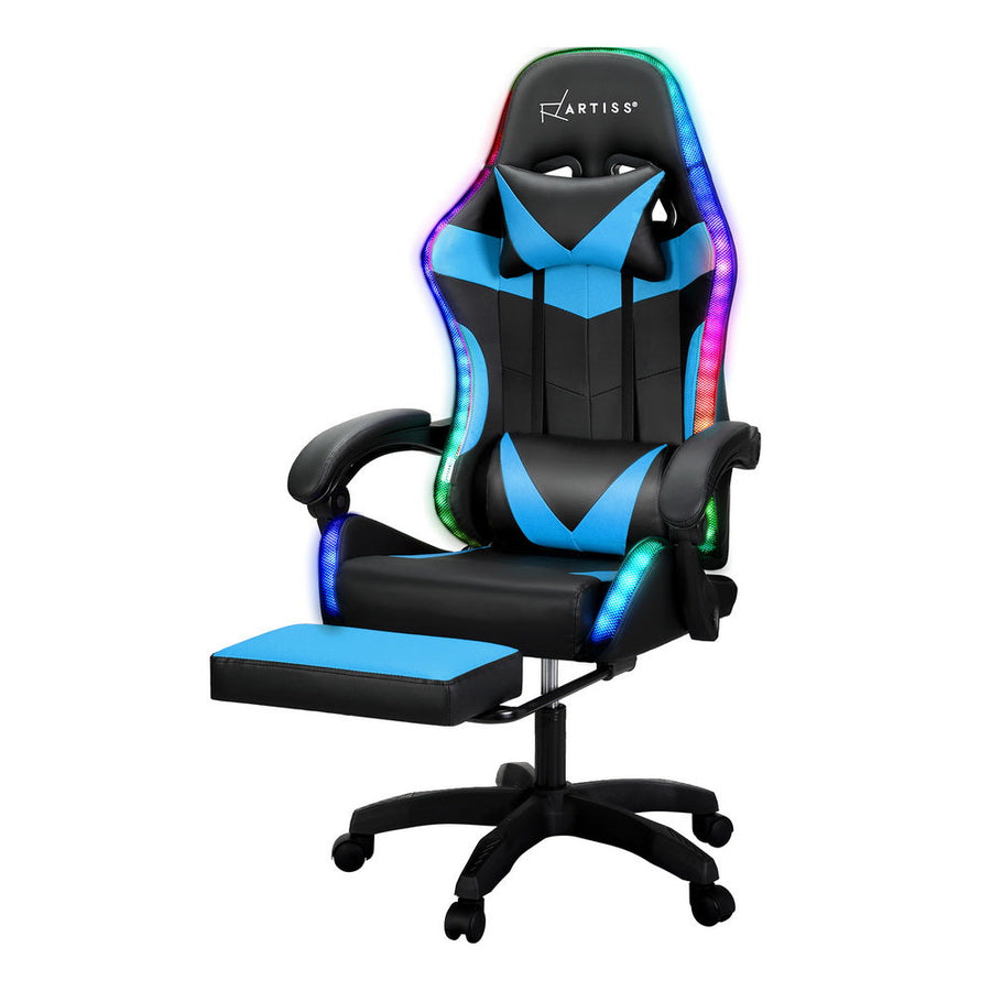 Artiss LED Gaming Office Chair with 6 Point Massage & Footrest - Cyan Blue-Vivify Co.
