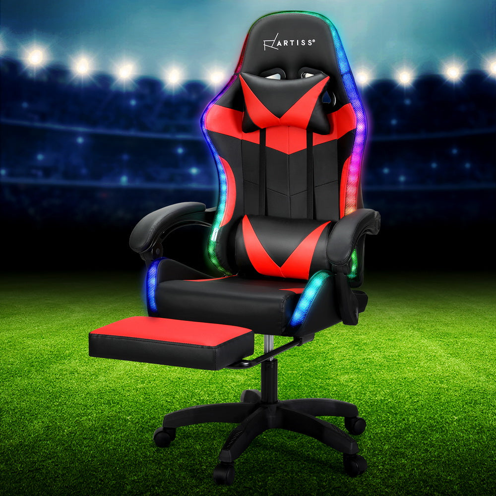 Artiss LED Gaming Office Chair with 6 Point Massage & Footrest - Red-Vivify Co.