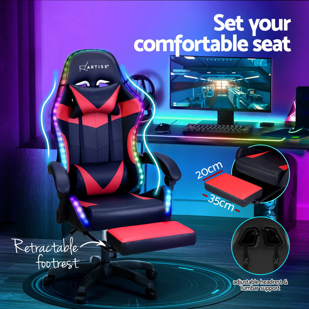 Artiss LED Gaming Office Chair with 6 Point Massage & Footrest - Red-Vivify Co.