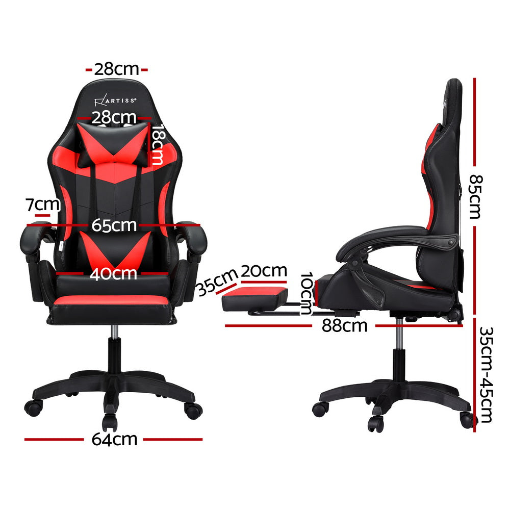 Artiss LED Gaming Office Chair with 6 Point Massage & Footrest - Red-Vivify Co.