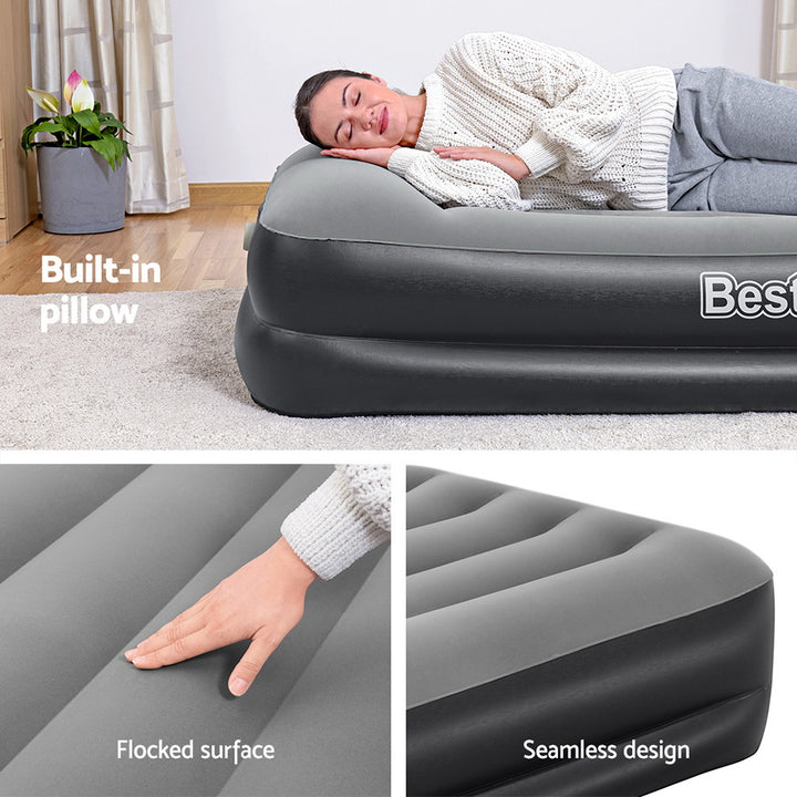 Bestway Air Mattress Single Bed Inflatable Flocked Camping Bed with Built-in Pump