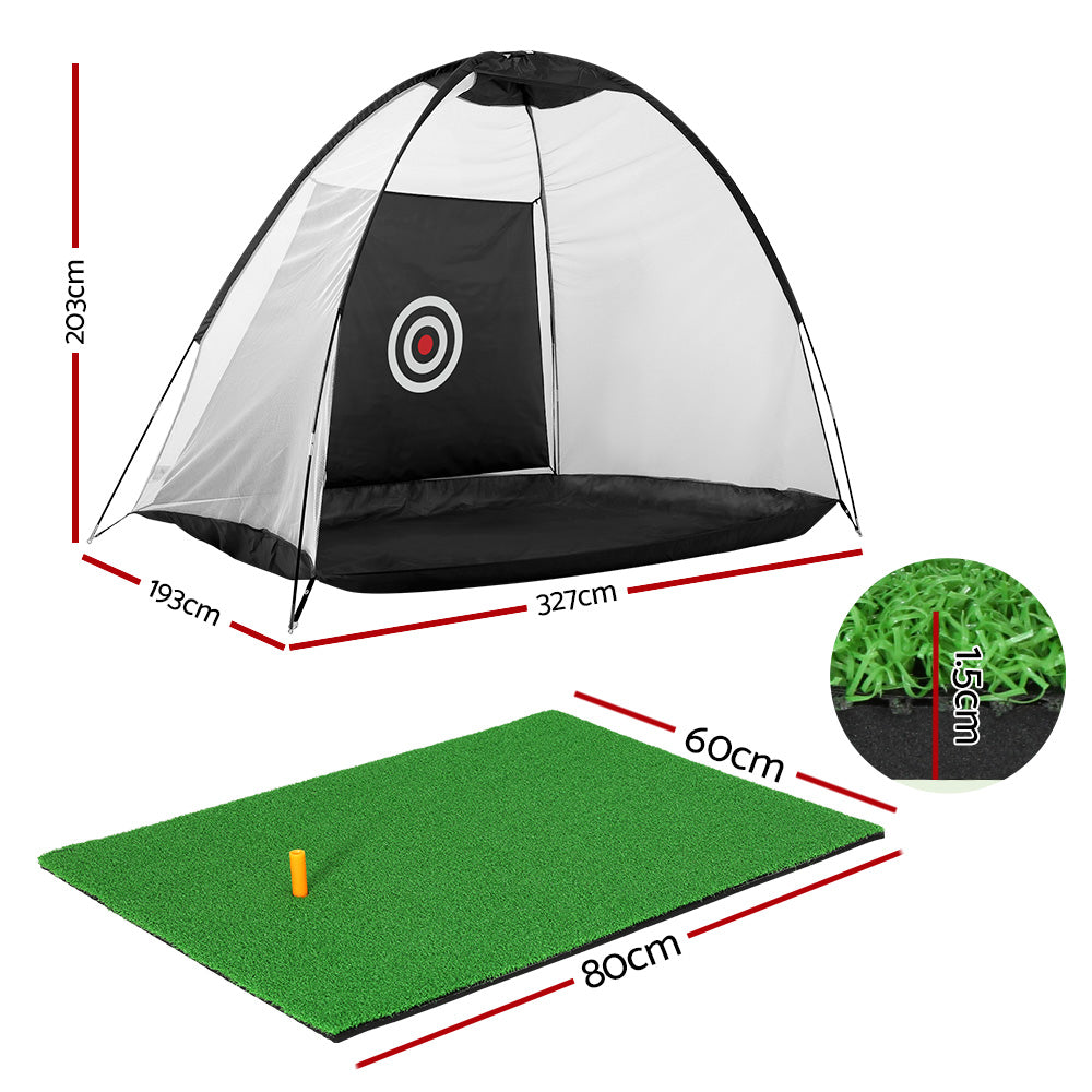 Everfit 3.2m Portable Golf Swing Net with Target, Practice Mat & Tee - Black-Vivify Co.