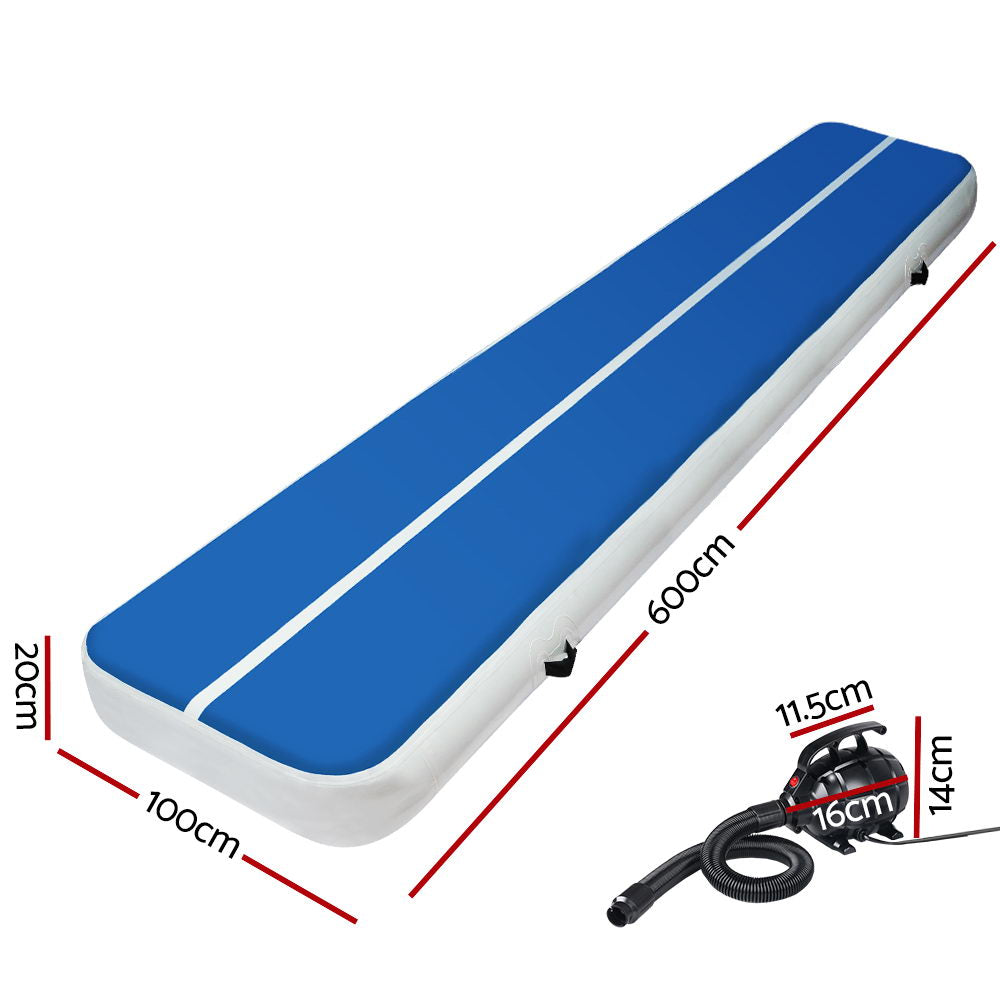 Everfit 6X1M Inflatable Air Track Mat 20CM Thick with Pump Tumbling Gymnastics Blue-Vivify Co.