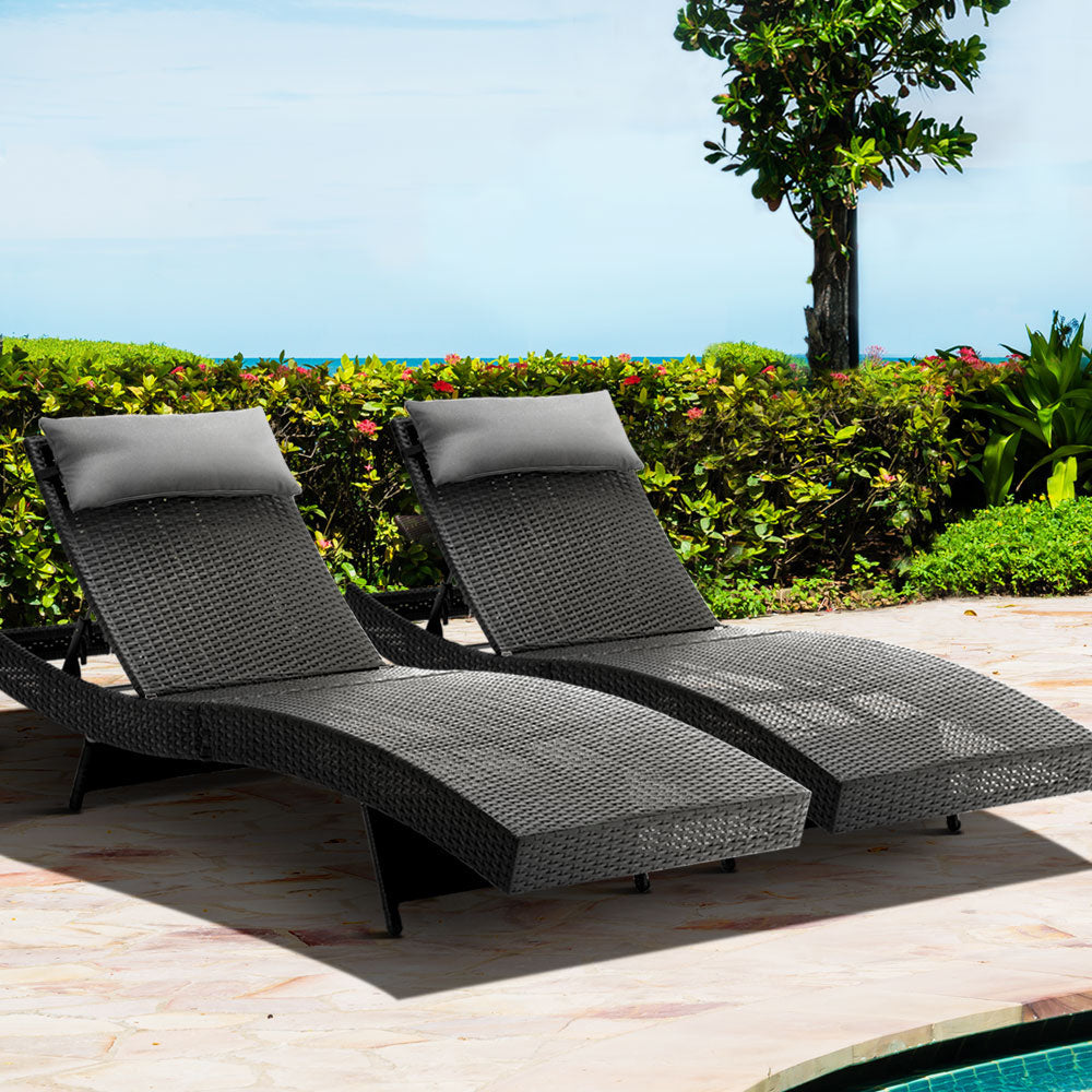 Gardeon 2x Adjustable Wicker Sunbed Beach Chair - Black & Grey-Vivify Co.
