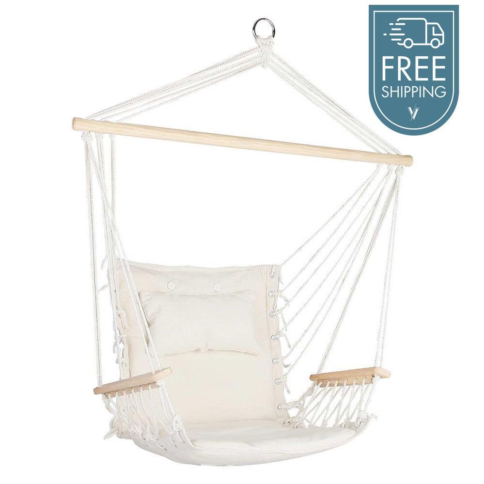 Gardeon Hammock Chair Hanging with Armrest Camping Hammocks Cream-Vivify Co.