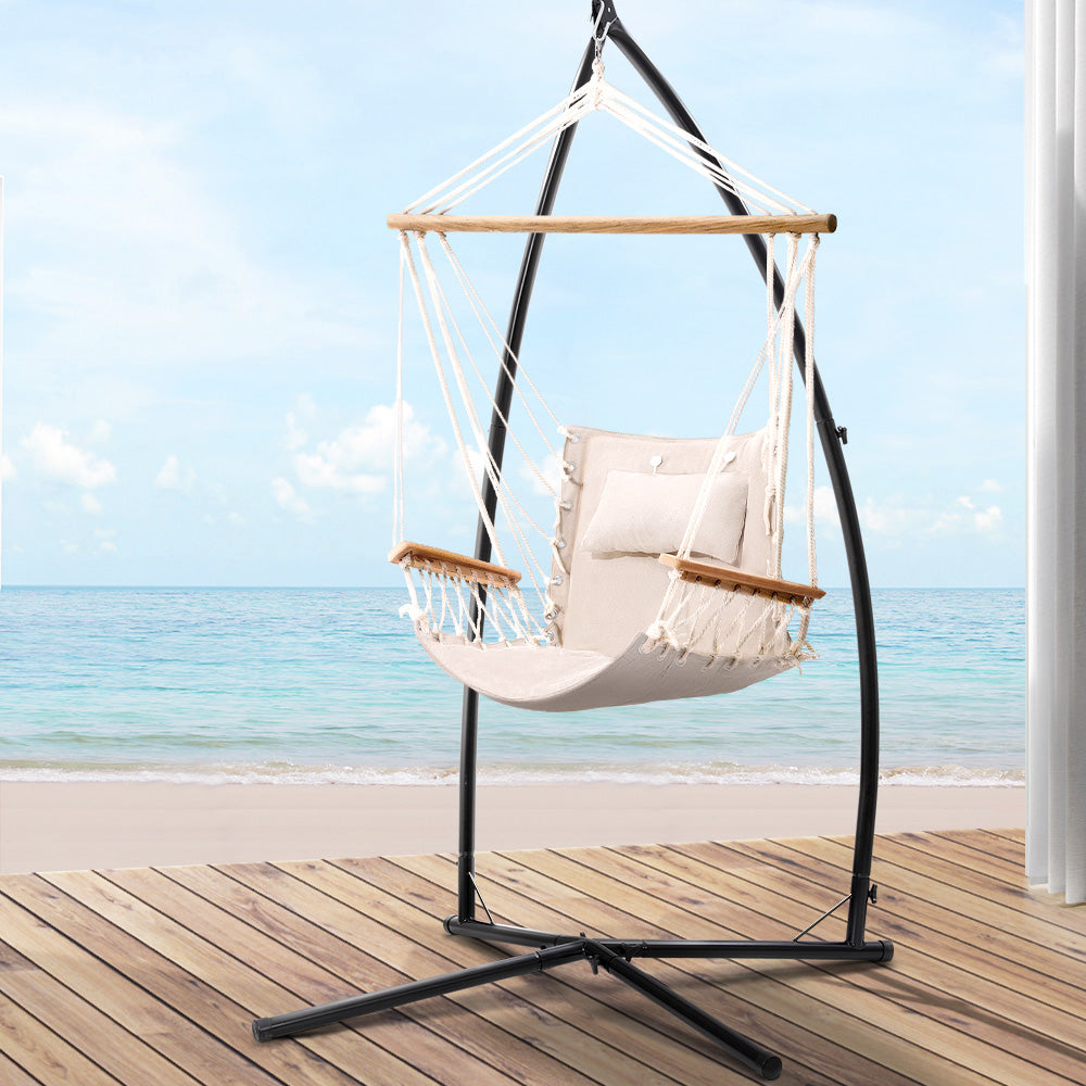 Gardeon Hammock Hanging Chair with Arm Rests & Steel Stand - Cream-Vivify Co.