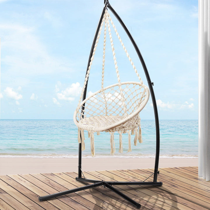 Gardeon Hammock Macrame Chair with Steel Stand - Cream-Vivify Co.