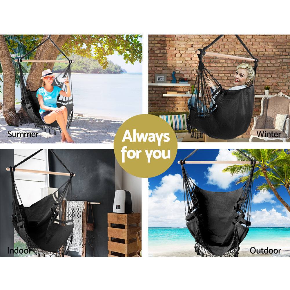 Gardeon Hanging Hammock Chair Outdoor Swing Hammocks Tassel Grey-Vivify Co.