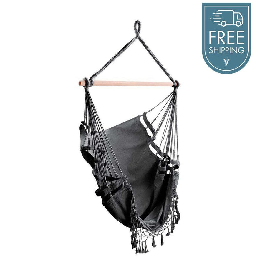 Gardeon Hanging Hammock Chair Outdoor Swing Hammocks Tassel Grey-Vivify Co.