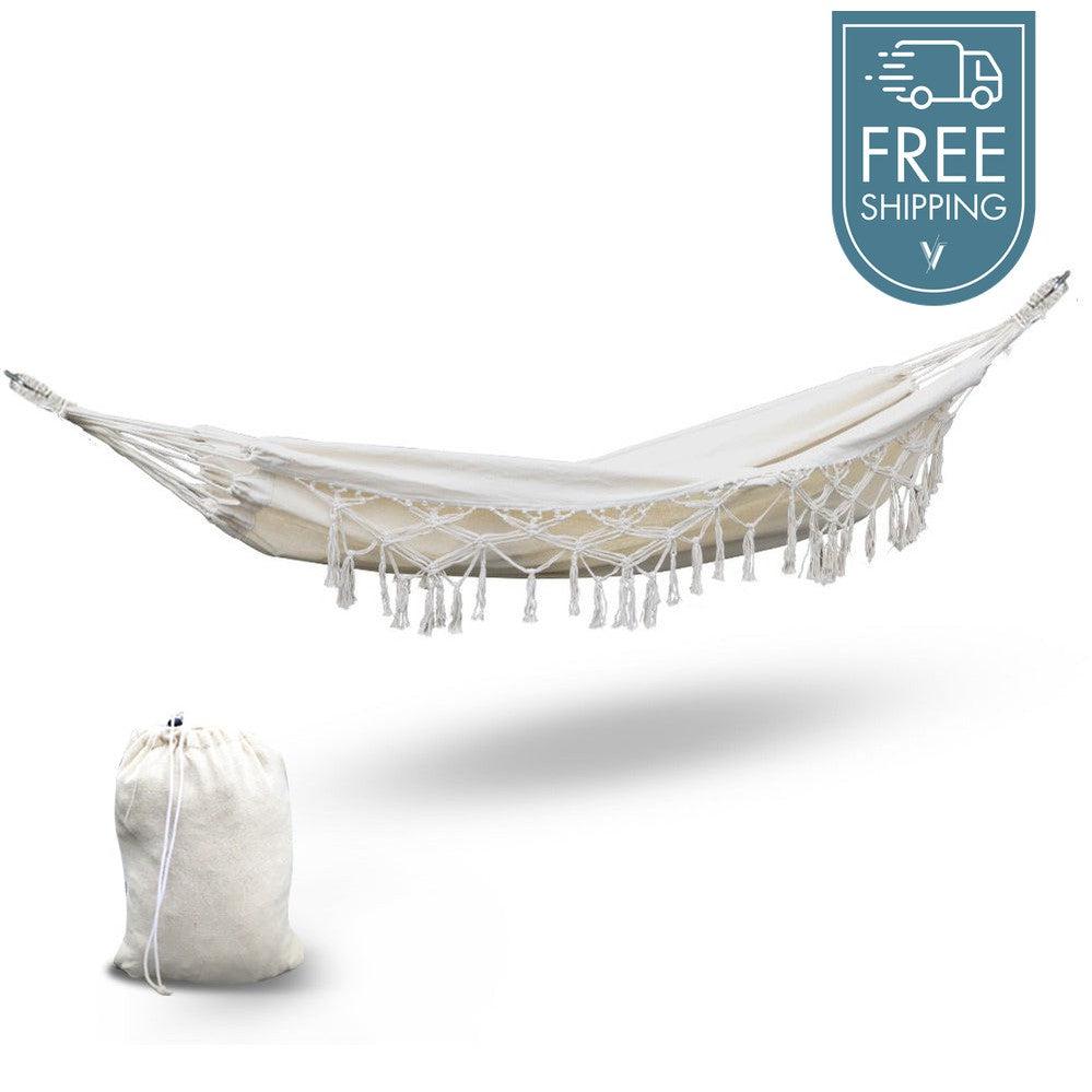 Gardeon Hanging Tassel Hammock Swing Bed - Cream-Vivify Co.