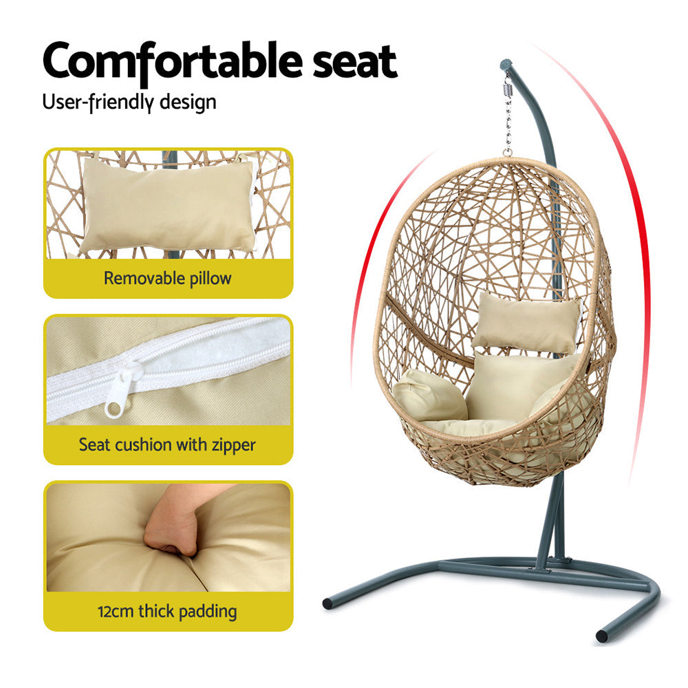 Gardeon Outdoor Egg Rattan Swing Chair w/Cushion - Cream-Vivify Co.