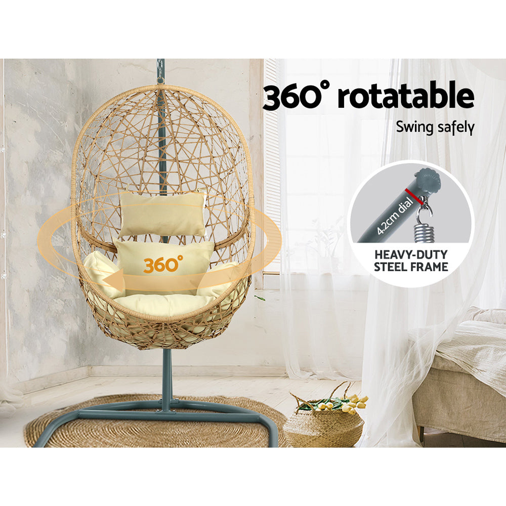 Gardeon Outdoor Egg Rattan Swing Chair w/Cushion - Cream-Vivify Co.