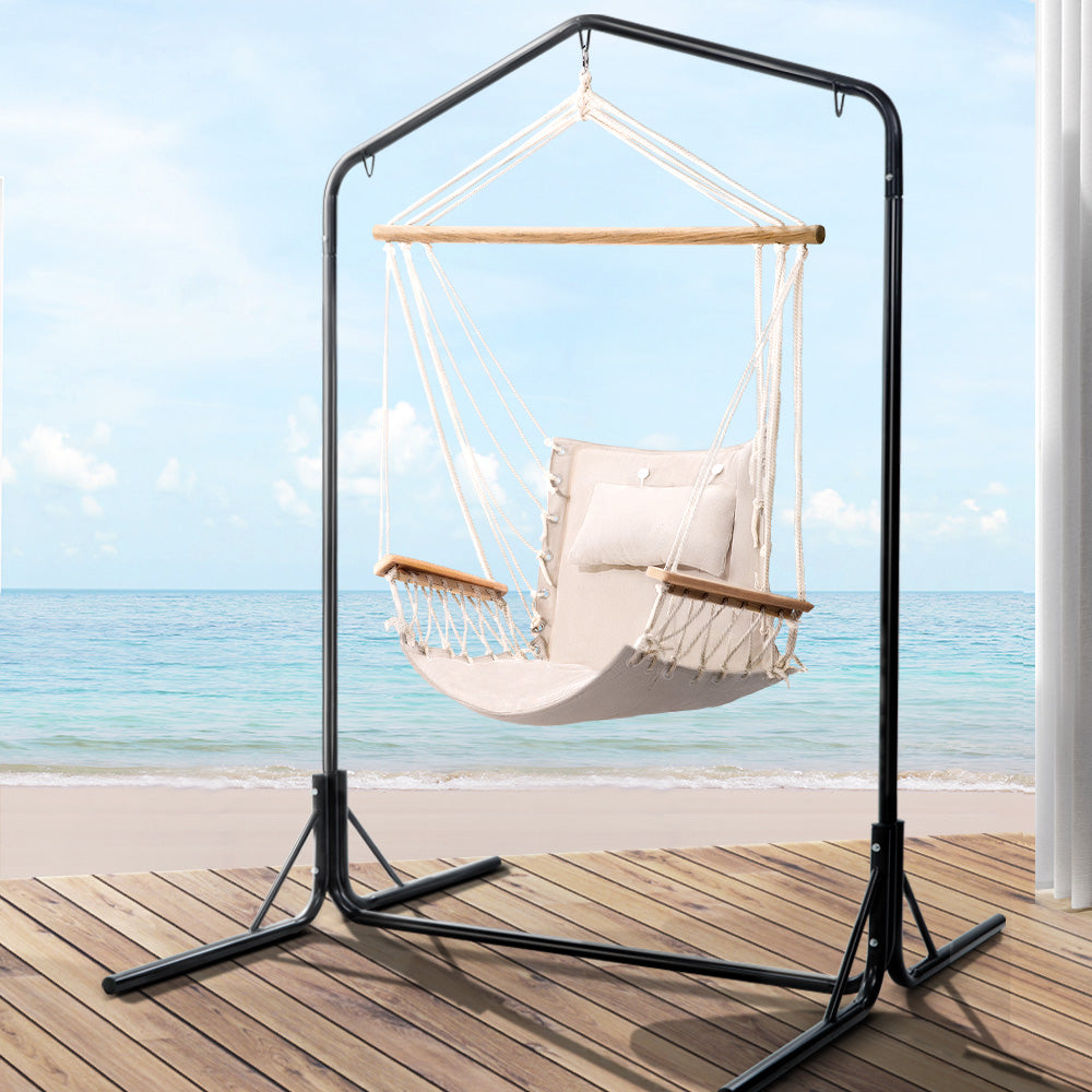 Gardeon Outdoor Hammock Hanging Chair with Arm Rests & Steel Stand - Cream-Vivify Co.