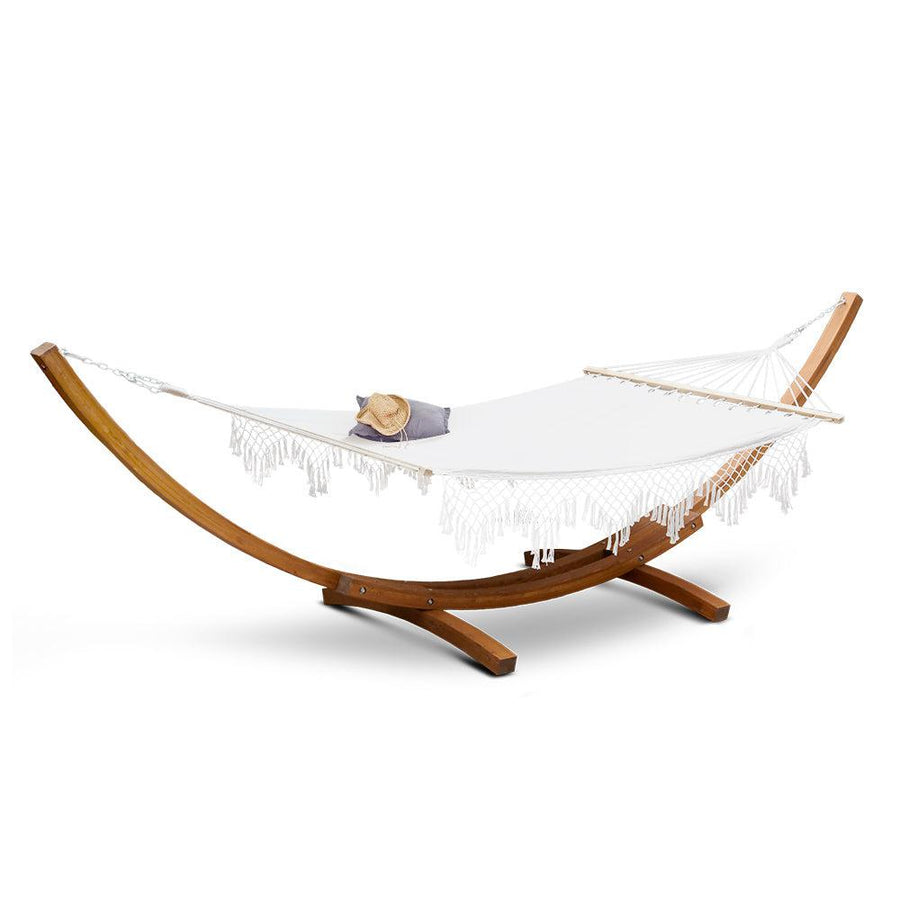 Gardeon Outdoor Tassel Timber Hammock - White-Vivify Co.