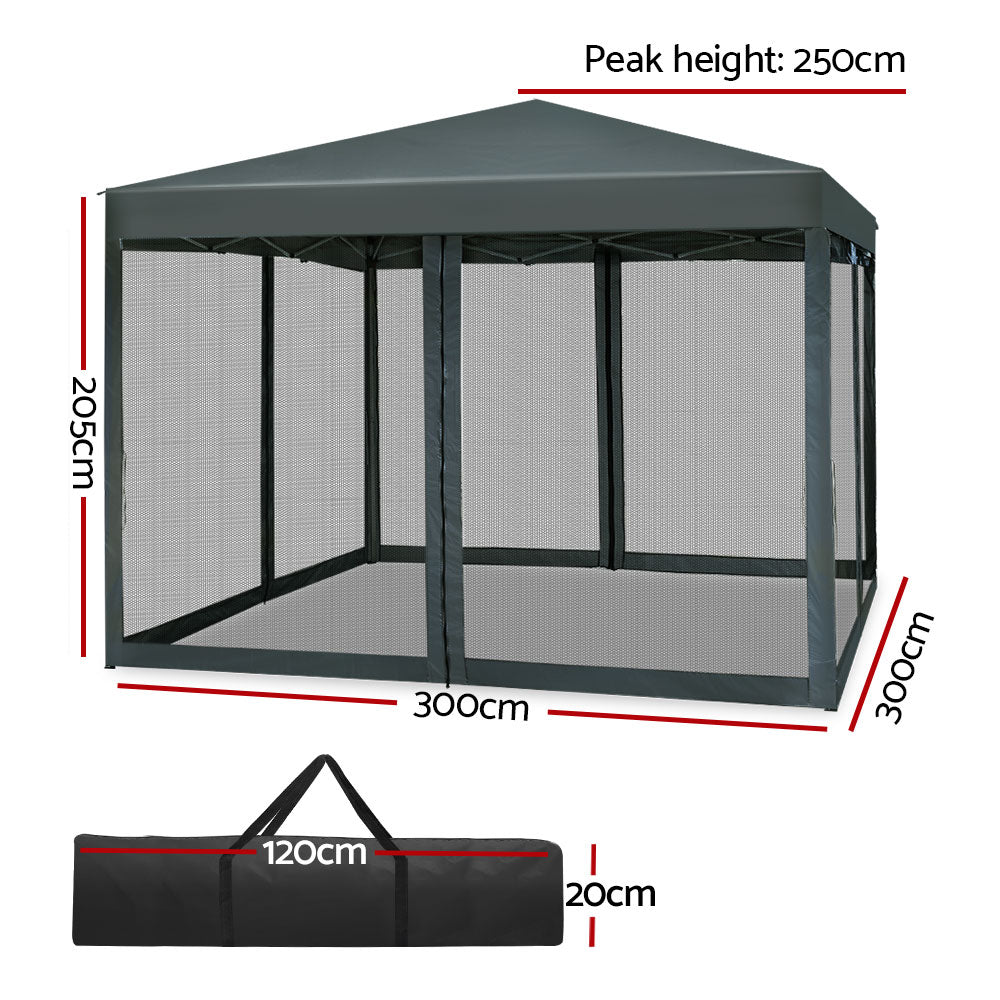 Instahut 3x3m Pop Up Gazebo Mesh Walls - Grey-Vivify Co.