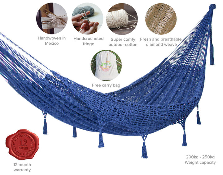 Mayan Legacy Hammock with Hand Crocheted Tassels - King Size - Blue-Vivify Co.