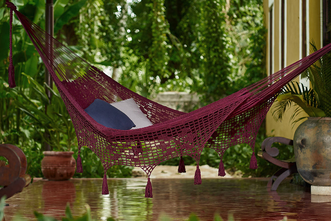 Mayan Legacy Hammock with Hand Crocheted Tassels - King Size - Maroon-Vivify Co.