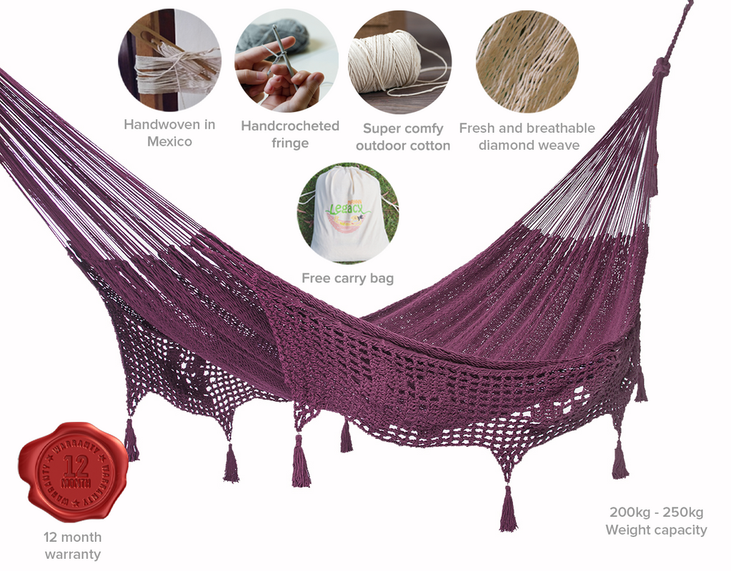 Mayan Legacy Hammock with Hand Crocheted Tassels - King Size - Maroon-Vivify Co.