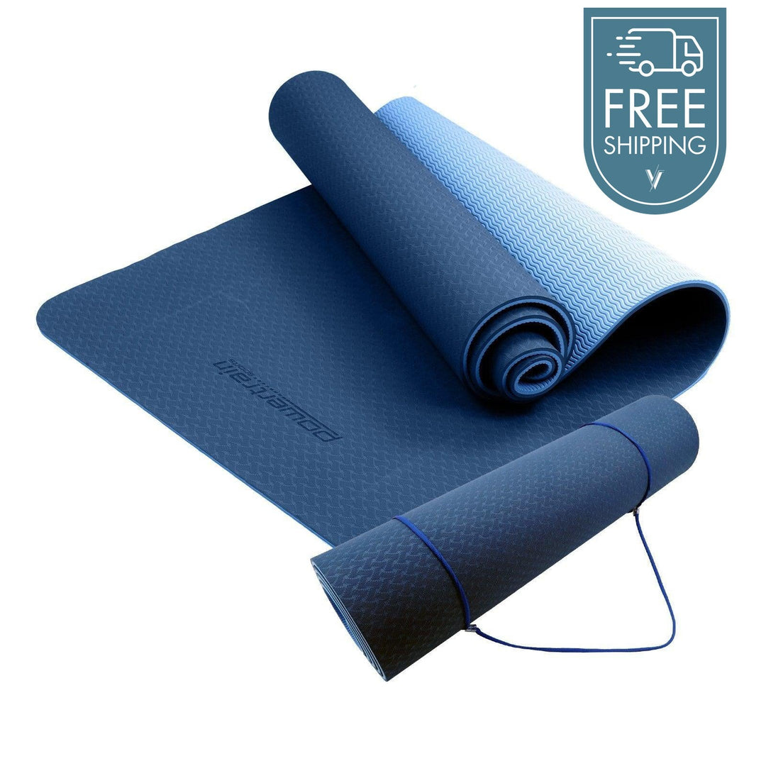 Powertrain Dual Layer 8mm Yoga Mat with Carry Strap - Dark Blue-Vivify Co.