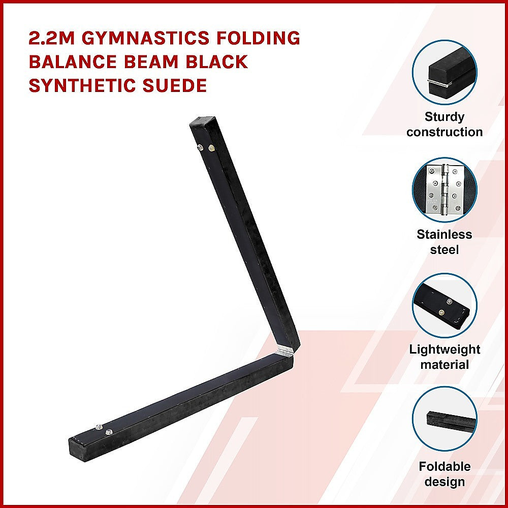 RTM 2.2m Gymnastics Folding Balance Beam Black Synthetic Suede-Vivify Co.