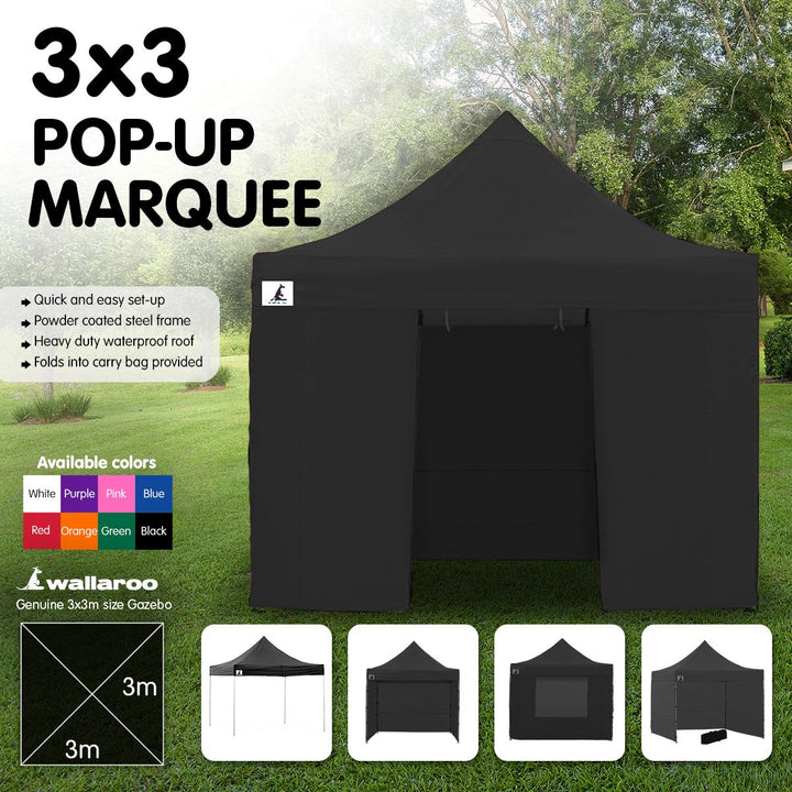 Wallaroo PopUp Outdoor Gazebo Tent Marquee 3x3m - Black-Vivify Co.