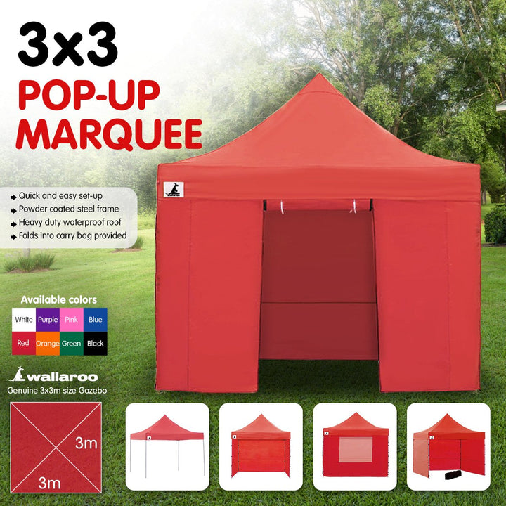 Wallaroo PopUp Outdoor Gazebo Tent Marquee 3x3m - Red-Vivify Co.